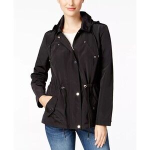 Charter Club Womens 1X Water Resistant Hooded Rain Jacket Black Drawstring